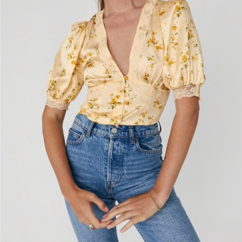 Reformation Yellow Floral Lace-Trim Puff Sleeve Top